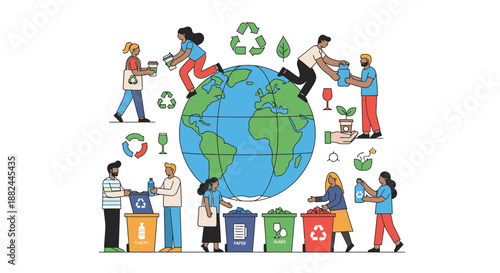 People from diverse backgrounds unite to recycle and protect the Earth, promoting sustainability and eco-friendly practices worldwide.