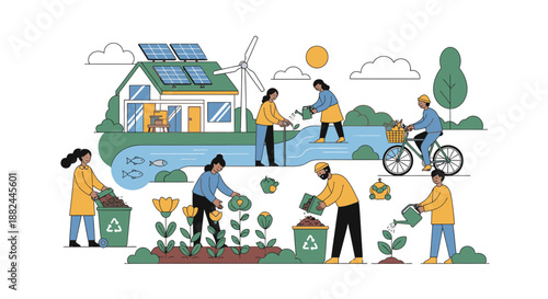 People engaging in eco-friendly activities around a sustainable house with renewable energy sources in a green environment from an aerial viewpoint