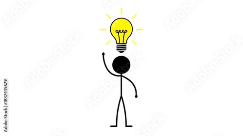 Animated Stick Figure with Lightbulb Represents Idea and Innovation.