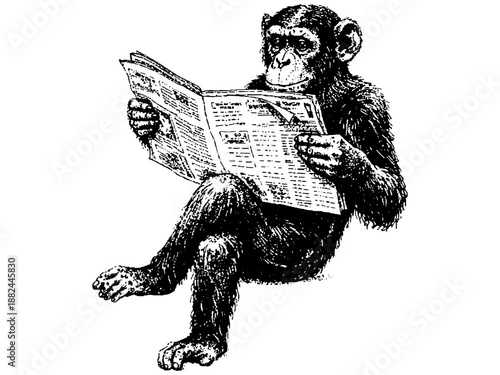 Monkey Reading Newspaper Illustration, Curious Primate with News, Concept Line Art