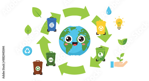 Sustainable Earth with Recycling Symbols and Eco-Friendly Elements Surrounding a Cartoon Globe