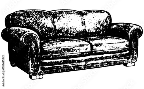 Vintage Sofa Illustration, Classic Upholstered Couch, Engraved Line Art