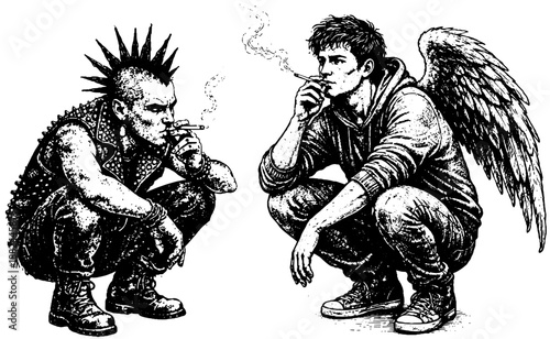 Angel and Punk Smoking Cigarettes, Black and White Illustration