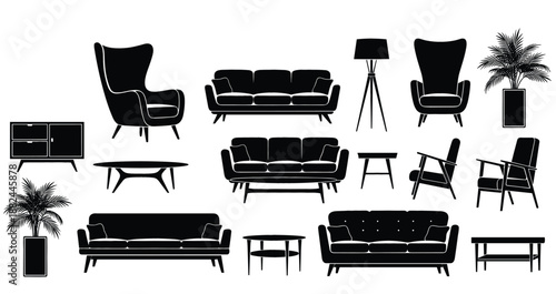 Interior design collection featuring silhouettes of modern sofas armchairs coffee tables lamps and potted plants for home decor