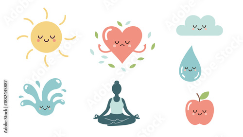 Serene illustration of a meditating figure surrounded by nature elements and symbols of wellness and harmony in a peaceful environment from a straightforward viewpoint