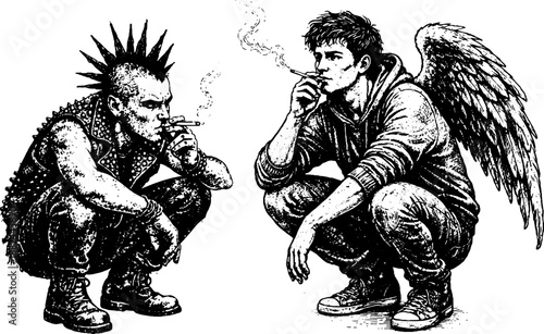 Angel and Punk Smoking Cigarettes, Black and White Illustration