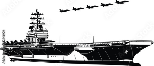 Black and white vector illustration of a massive aircraft carrier ship with fighter jets flying above isolated on white background for naval military design