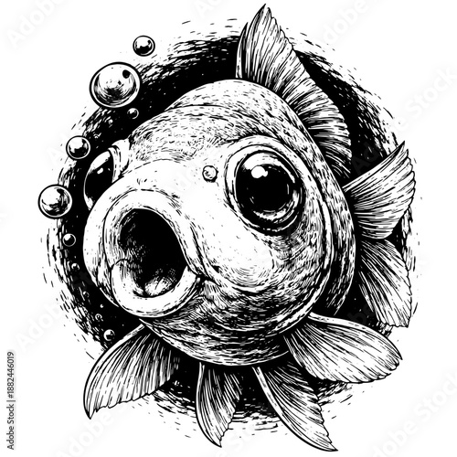 Big Eyed Fish Head Fisheye Perspective, Black and White Illustration