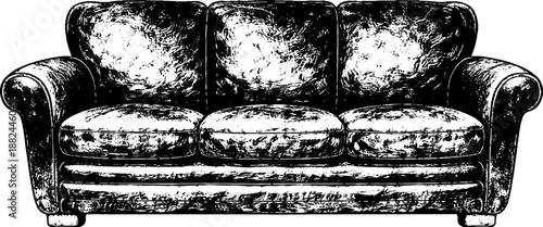 Vintage Sofa Front View, Black and White Illustration