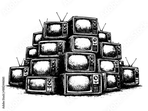 Black and white vector illustration of stacked vintage televisions, xerography engraving style, detailed line art for prints and dark surface engraving.