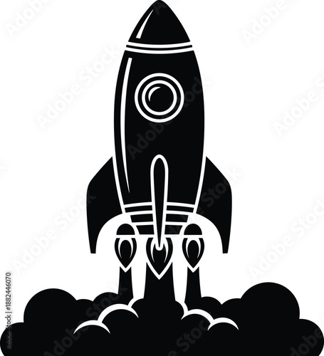 Black and white vector illustration of a space rocket launching into the sky with smoke clouds isolated on white background for start up projects