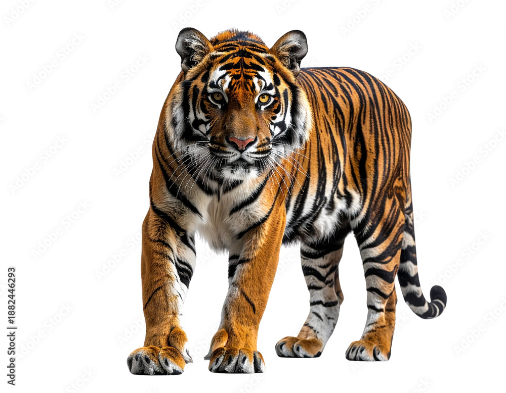 Obraz premium Majestic Bengal Tiger Standing Alert, Jungle Wildlife Concept, isolated on transparent background