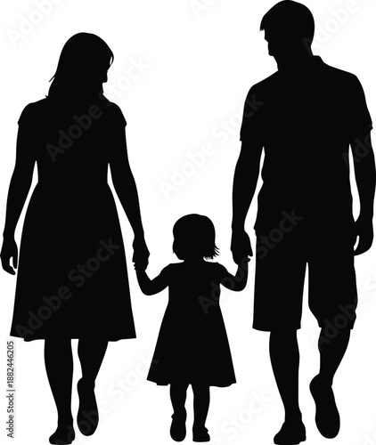 Black silhouette of a happy young family with father mother and daughter walking together holding hands isolated on white background for togetherness and love