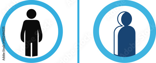 Two minimalist human icons within blue circles: a centered black full-body silhouette and a blue 3D-styled bust silhouette, separated by a thin vertical line.