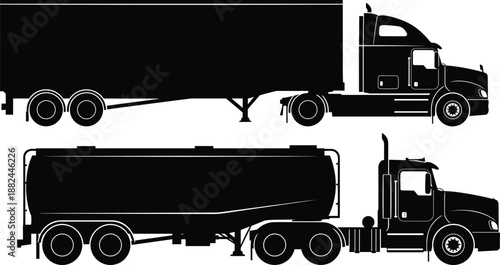 Black silhouettes of a semi trailer truck and a fuel tanker truck isolated on white background for logistics transportation and global shipping industry design