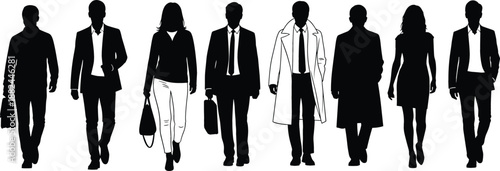 Professional business people silhouettes walking forward in formal suits carrying briefcases for corporate team career and recruitment concept