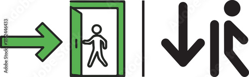 Emergency exit signage icons: a green arrow pointing toward a person walking through a doorway, and a black downward arrow beside a figure exiting. Separated by a vertical line.