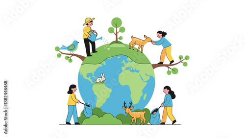People working together to save the Earth with animals and plants in a global environmental conservation effort illustration
