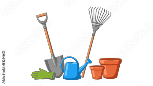 Gardening scene with shovel, rake, watering can, pots, and gloves on white background, viewed from directly above