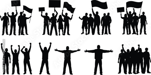 Set of black people silhouettes in protest and celebration holding flags and signs isolated on white background for social activism and community event design