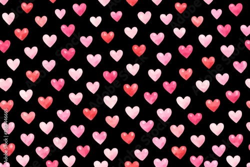 Watercolor valentine's day heart pattern illustration with red and pink hearts isolated on black. concept of romance, love celebration, festive background design.