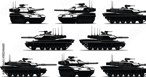 Set of eight detailed military battle tank silhouettes showing various angles and perspectives isolated on white background for army warfare and armored vehicle design