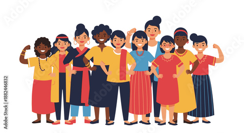 Diverse group of women standing together in solidarity, united and empowered, illustration showcasing unity and strength