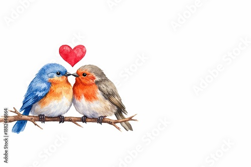 Watercolor illustration of two lovebirds sitting on a branch with a red heart between them. concept of romance, valentine's day, lovebirds illustration., copy space