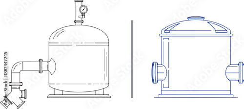 Technical line drawings of industrial filtration tanks. Left: tank with a pressure gauge and piping. Right: blue-lined pool or water filter vessel. Separated by a central vertical line.