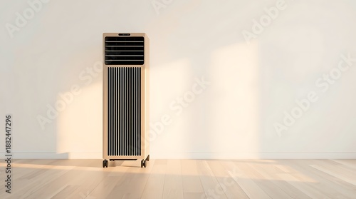 A sleek air conditioner standing alone in a minimalist room with natural light