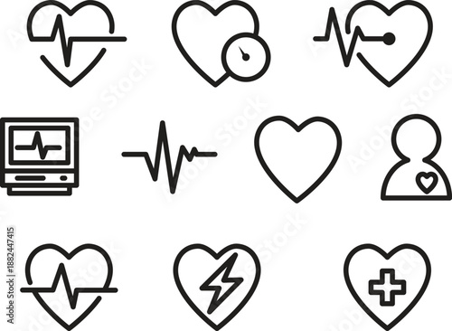 Black and white medical heart with ecg lines and symbols