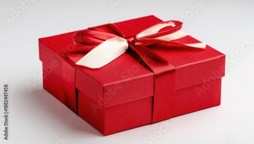 Vivid Red Gift Box with Elegant Satin Ribbon Bow and Blank Tag on Clean White Background.