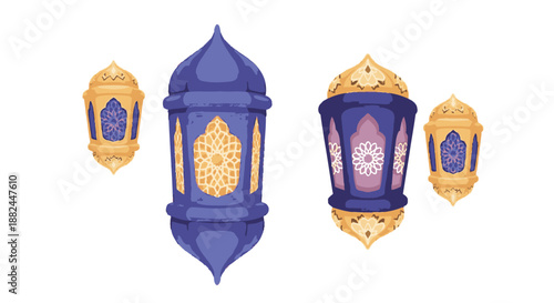 A collection of ornate lanterns and decorative elements in a festive arrangement