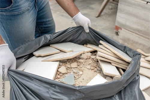 Construction debris inside garbage bag. Building waste disposal
