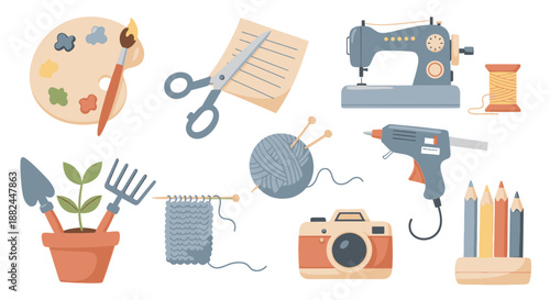 Creative hobbies and crafts displayed with artistic tools and equipment in a collage view