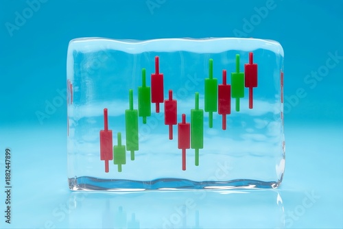 Stock candlestick chart frozen in ice block. Market stagnation risk