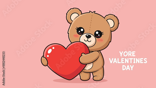 Cute Kawaii Teddy Bear Holding Big Red Heart "You're My Valentine" Illustration Vector