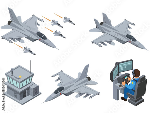 Isometric Military Fighter Jets Squadron with Air Traffic Control Tower and Pilot Illustration Vector