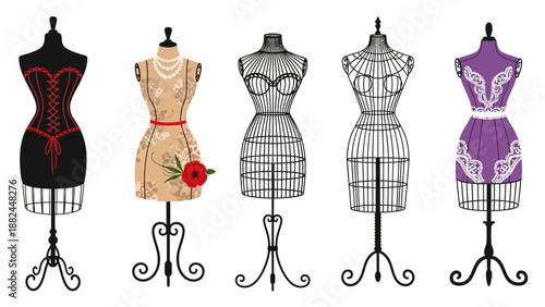 Colorful Fashion Mannequin Dress Forms with Lace Corset and Floral Designs Set Illustration Vector