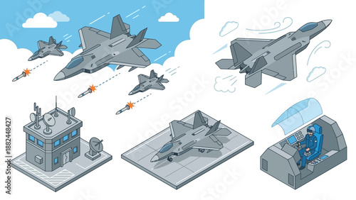 Isometric Military Fighter Jets and Airbase with Pilot Cockpit Illustration