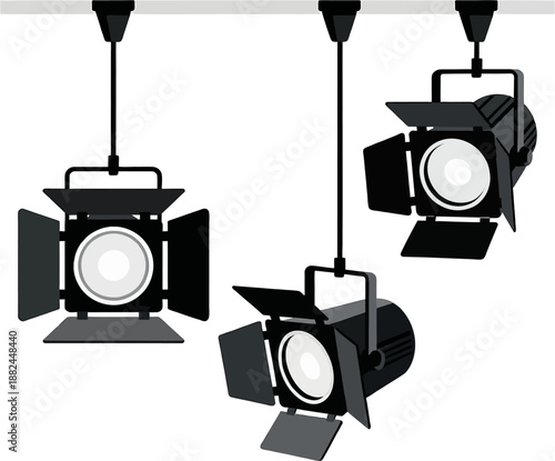Three Black Hanging Spotlights Ceiling Track Open Barn Doors Cartoon Vector Illustration