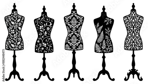 Ornate Black Lace Floral Pattern Mannequin Dress Forms Set Illustration