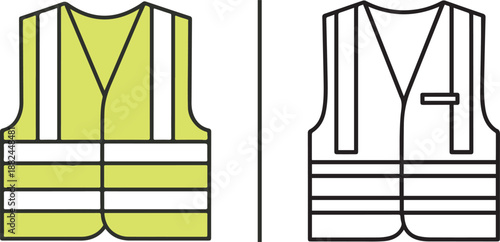 High-visibility safety vests in lime yellow and black-and-white line art. Vector icons representing industrial protective workwear, construction safety gear, and emergency responder apparel.