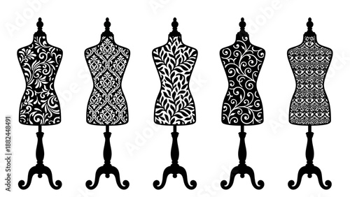 Black and White Ornate Floral Pattern Mannequin Dress Forms Set Illustration
