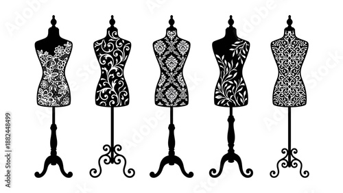 Vintage Mannequin Dress Forms with Lace and Floral Patterns Illustration