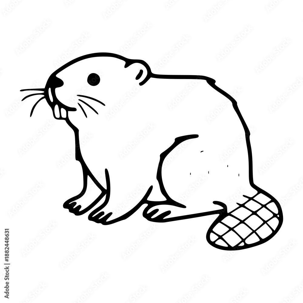 Fototapeta premium simple beaver sketch with flat tail, wildlife animal outline illustration