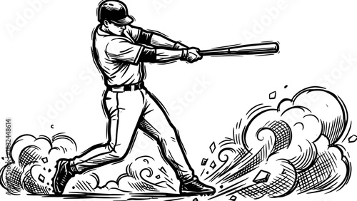 Powerful Baseball Batter Swinging Bat with Motion Dust Clouds Illustration