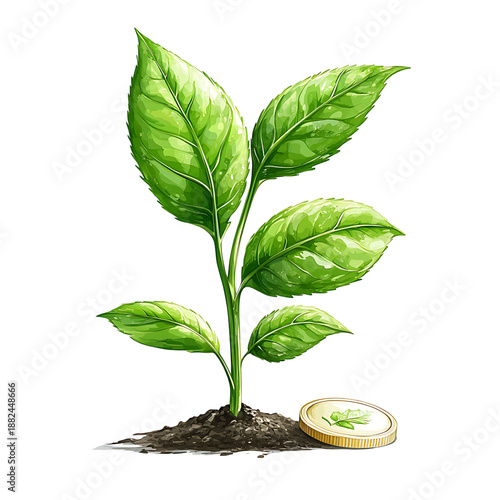 Young green plant growing from soil beside coin representing eco friendly financial growth in clean realistic style. Finance concept

