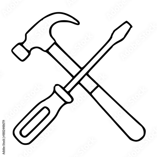 crossed hammer and screwdriver icon, minimalist construction line art
