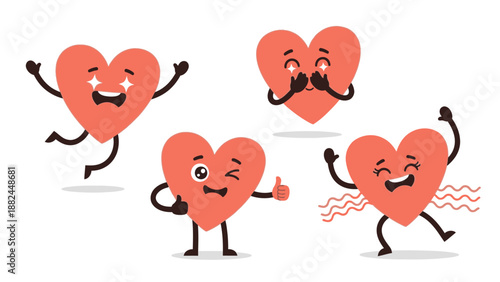 Four cartoon hearts with different facial expressions and actions, showcasing emotions and playfulness in a lively illustration